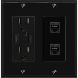 RiteAV 2 Port Cat6 Ethernet Wall Plate - USB Charger [Black/Black]