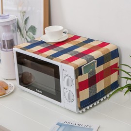 Linen Microwave Oven Dust Cover with Side Storage Bag Microwave Oven Cover Dust and Oil Proof Cloth Decoration Kitchen Utensil Cover 11.8"x35.4"- Red Blue Plaid