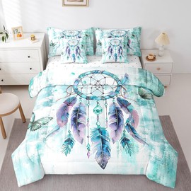 Hippie Dreamcatcher Bedding Comforter Sets 7 Pieces Teal Ombre Bed in a Bag for Girls, Blue Butterfly Full Bedding Sets Watercolor Gradient Comforter Set, Exotic Style Tribal Feathers Bedding Sets
