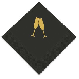 Weddingstar 3-Ply Gold Foil Cocktail Napkins Black - Champagne Flutes