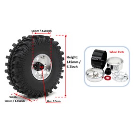 HOBBYSOUL RC Adjustable 4 Offsets 2.2 Beadlock Wheels & Tires, Height 5.7'' / 145mm Tires and Negative Offset 2.2 Wheels rims Silver For RC Mud Crawler Trail,(4-Pack)