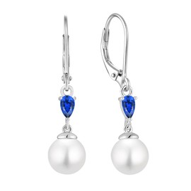 CARICY Pearl Drop Earring 925 Sterling Silver Earring Teardrop September Sapphire Birthstone Earring for Women Dangle Leverback Earrings with 8mm Simulated Pearls Anniversary Christmas Day