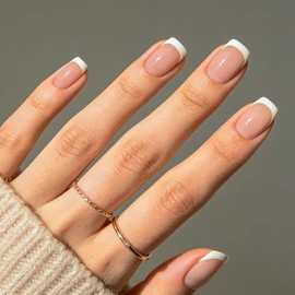 Modelones Uñas postizas a presión con puntas francesas, uñas postizas cortas cuadradas de verano rosa y blanco, kit de uñas reutilizables con pegament