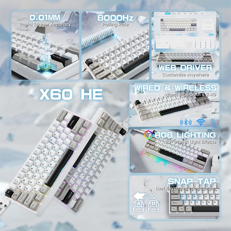 MAMBASNAKE X60 HE Magnetic Switch Keyboard Adjustable Actuation,BT/2.4G/Wired Tri-Mode 60%