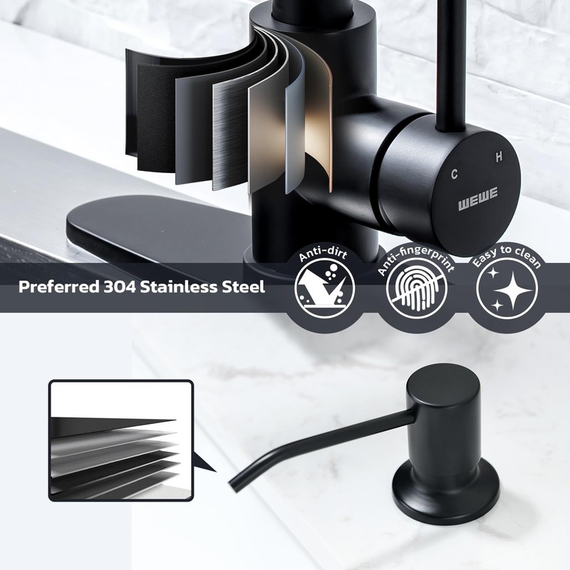WEWE Black Kitchen Faucet with Soap Dispenser, Kitchen Sink Faucet