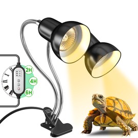 TobeBright Reptile Heat Lamp, Dual-Head Turtle Basking Lamp with Cycle Timer, 360° Rotatable Clamp, for Lizard, Chick, Bearded Dragon - No Bulb