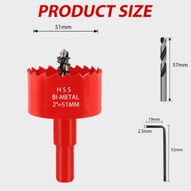 KACNON Hole Saw 50 mm, Universal High-Speed Steel HSS M42 Bi-Metal Hole Saws with Hex Shank and Drill, Complete Sizes, for Wood, Plastic, Plasterboard, Sheet Metal, Red