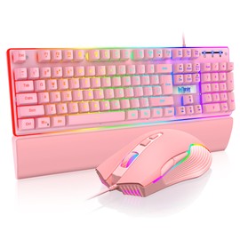 RedThunder K10 Wired Gaming Keyboard and Mouse and Wrist Rest Combo, RGB Backlit, Mechanical Feel Anti-ghosting Keyboard + 7D 7200 DPI Mice+Soft Leather Wrist Rest 3 in 1 PC Gamer Accessories(Pink)