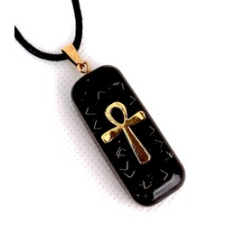 Orgonite stick pendant with golden Egyptian Ankh Cross Black Tourmaline & Shungite. Egyptian necklace. Made in USA
