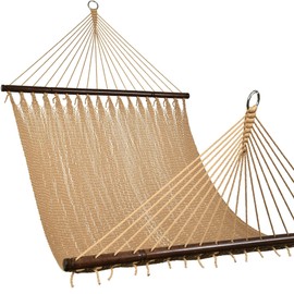 Lazy Daze Hammocks Lazy Daze Hammocks 10.5 FT Double 2 Person Caribbean Rope Hammock, Hand Woven Polyester Hammock with Spreader Bars, for Outside Outdoor Backyard Patio Poolside,450 LBS Capacity, Tan