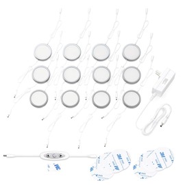 EShine Under Cabinet LED Puck Lights with Dimmer Switch, Dimmable, 12 Pcs, White Round Under Counter Lights for Kitchen, Garage, Office, Desk - Cool White (6000K)