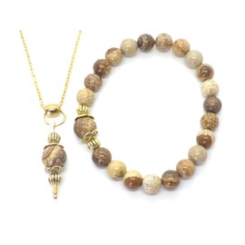 Armband- und Halsketten-Schmuckset im Vintage-Stil für Damen aus braunem Jaspis und goldenem Metall