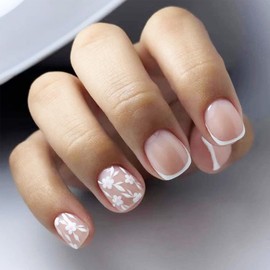 24Pcs Summer Flowers Press on Nails Short Square French Tips Fake Nails with White Flowers Designs Full Cover False Nails Summer Cute Floral Stick on Nails Glossy Artificial Acrylic Nails for Women