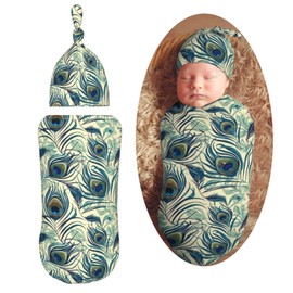 Muishi Peacock Feather Newborn Swaddle Blankets Hat Sets Soft Baby Receiving Blanket Swaddle Sack for Baby Shower Infant Boy Girl Gift