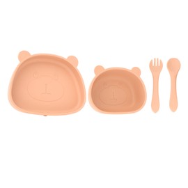 4pcs Children Plate Utensils Set Silicone Suction Bowls Set Toddler Panda Shape Plate Orange Bowl Plate Silicone Fork Spoon