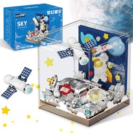 Space Astronaut Building Set with Acrylic Cover, Simulated Moon Space Station Landing Secene with Space Ship Satellite Radar, Creative Gifts for Boy Kids Age 8+