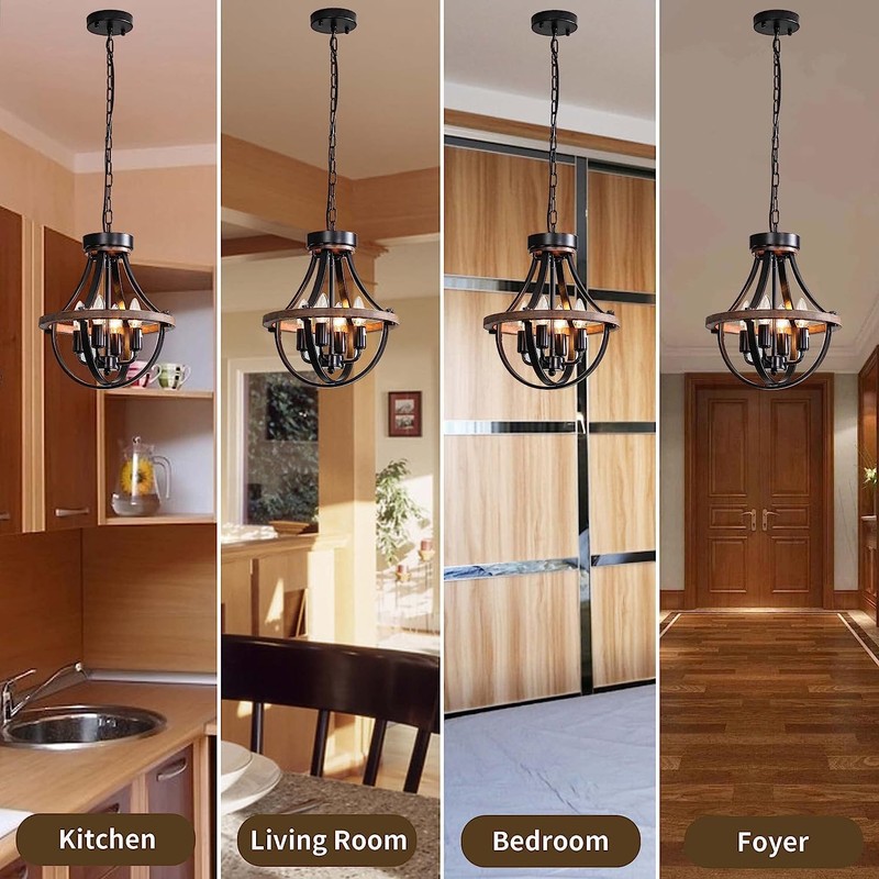 Lanpesting Farmhouse Chandelier, Modern Hanging Pendant Lighting, 4-Light Rustic Ceiling