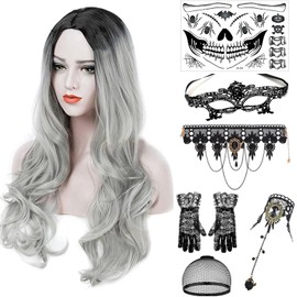 PORSMEER Long Grey Wig Natural Looking Wavy Wigs for Women, Cosplay Synthetic Hair Wig Middle Part Ladies Wigs 7-piece set including Wig+Wig Cap+Lace Mask+Bracelets+Necklaces+Gloves+Tattoo
