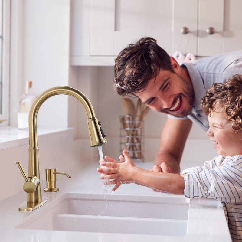 WOWOW Kitchen Faucet with Sprayer,Gold Single Handle High Arc Stainless
