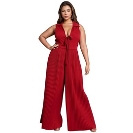 WUSENST Plus Size Jumpsuits for Women Casual Pleated Wide Leg Deep V Neck Sleeveless Long Pants Romper With Front Tie