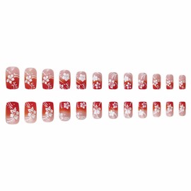 MISUD Short Press on Nails Square Fake Nails Glossy Glue on Nails Summer Red Orange Ombre Acrylic Nail Supplies Squoval Artificial Nail Art Flower Stick on False Nails with Design DIY 24 pcs