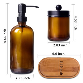 UrSpeedtekLive Bathroom Accessory Set 5 Pcs, 2 Pcs 16oz Amber Glass Soap Dispensers with Stainless Steel Pumps, 2 Pcs Qtip Holder Dispensers with Waterproof Labels & Bamboo Tray