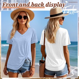 Riyiper 3 Pack Women's V Neck T Shirts Flowy Loose Fit Top Casual Summer Curved Hem Tee(White, Light Blue, Pink,Small)