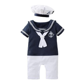 Dressy Daisy Infant Baby Boy Sailor Outfit Nautical Onesie Romper Bodysuit Costume Clothes with Hat Size 2, Navy