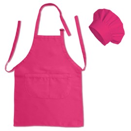Matissa & Dad Kids Cooking Apron and Chef Hat Set Adjustable Childrens Apron for Baking, Painting, Craft Chef Apron Artist Smock child (Hot Pink, X Large For kids 48" to 55" Height)