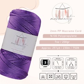 Makromecity, Polyester Macrame Cord (2 mm x 750 feet) 2mm Polypropylene Lilac Macrame Cord Crochet Macrame Bag Cord Crafts for Wall Hangings, Bags, Underplate, Rug (25 Colors Available)