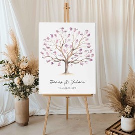 GRAVURZEILE Bedruckte Leinwand - Hochzeitsbaum - Personalisiert mit Namen & Datum - Hochzeit Gästebuch mit Fingerabdruck - Personalisiertes Hochzeitsgeschenk - Geschenk für das Brautpaar - 30x40 cm