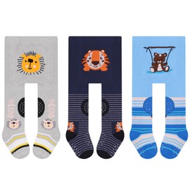 L&K-II Pack of 3 Crawling Tights Baby Girls Boys Tights with ABS Sole Non-Slip Nubs Car Aeroplane Lion Motif 2731, 2731B-3 Series