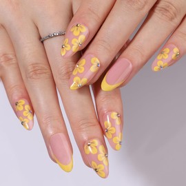 30Pcs Almond Press on Nails Medium Yellow Flowers Fake Nails French Tips Nails Press ons Glossy Acrylic Nails with Rhinestone Glue on Nails Designs 15 Size for Women Manicure