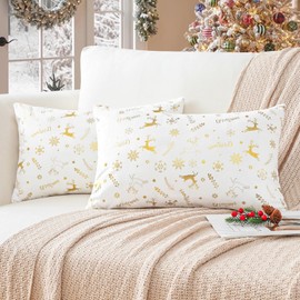 Ohok Christmas Gold Hot Embossing Velvet Cushion Cover, Set of 2, Decorative Sofa Cushion, Couch Cushion, Decorative Cushion Covers for Sofa, Living Room, Bedroom (White Deer, 30 x 50 cm)