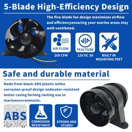 Pactrade Marine Turbo in-Line Blower Fan - 4 Inch Inline Fan (Black) - 200 CFM, 12V DC - Compact, Waterproof Bilge Blower for Boats, RVs, Off-Grid, Limited-Space Systems