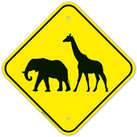Zoo Animals Crossing with Elephant and Giraffe Graphic Sign, 12x12 Inches, Rust Free .040 Aluminum, Fade Resistant, Made in USA