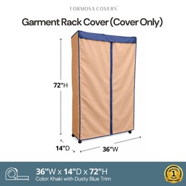 Formosa Covers Portable Garment Rolling Rack Cover - Protect Your Clothes from Dust Keep Your Room Looking Organized (Cover Only) (Beige Khaki with Dusty Blue Trim, 36" W x 14" D x 72" H)