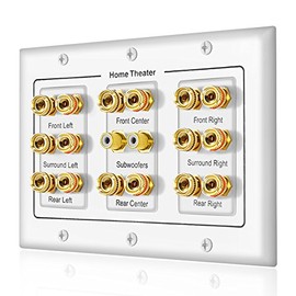 5 6 7.1/7.2 or 8.1/8.2 One or Two Subwoofer Compatible 16 Banana Post and 2 RCA Speaker Wall Plate for Home Theater Audio