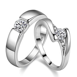 Uloveido A Pair of His and Hers Wedding Band Matching Set for Women and Men, White Gold Plated Simulated Diamond Promise Anniversary Ring Birthday Gifts for Couples Him and Her Engagement Rings J045
