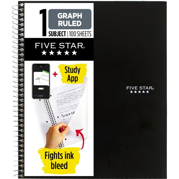 Five Star Spiral Notebook + Study App, 1 Subject, Graph Ruled Paper, Fights Ink Bleed, Water Resistant Cover, 8-1/2" x 11", 100 Sheets, Black (73679)