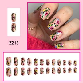 Flower Press on Nails Short Square Fake Nails with Floral Design Colorful Spring False Nails Glossy Green Full Cover Glue on Nails Leaf Daisy Stick on Nails for Women 24Pcs