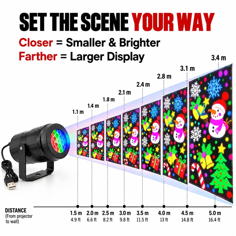 Christmas Projector Light for Walls & Ceilings, 16-Pattern USB Rotating