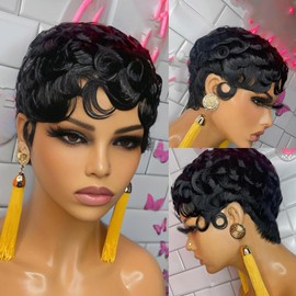 VRZ Short Pixie Cut Wigs for Black Women 100% Brazilian Human Hair Full Machine Made Wigs Glueless Natural Black Color Curly Human hair
