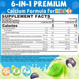 Kids Calcium Gummies + Vitamin D3 K2, Magnesium, Zinc, Extra Absorption Algae Calcium Supplement For Kids Gentle to Stomach, Bone, Teeth, Muscle, Brain, Sugar Free Chewable Kids Vitamins 4+, 60 Counts