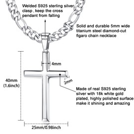 HAIAISO 925 Sterling Silver Cross Pendant Necklace for Men Women 5mm Stainless Steel Diamond-Cut Figaro Chain Crucifix Necklace 18K White Gold Plated Polished Cross Necklace 30 Inches