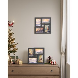 SONGMICS Bilderrahmen Collage für 4 Fotos, 10 x 15 cm, Wandmontage Fotogalerie Display, mit Glasscheibe, Schwarze Holzmaserung RPF25BK