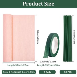 CRASPIRE 58Pcs Crepe Paper Streamers Rolls Colourful Paper Flower DIY Kits 6 Rolls Crepe Paper Sheets 36M Green Tape 50Pcs Floral Iron Wire for Wedding Birthday Holiday Party Decor(9.84inx8.2ft/Roll)