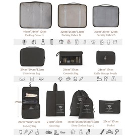 Anjing Packing Cubes for Suitcase 11PCS Luggage Packing Organizers Travel Essentials Luggage Organizer Hooked Toiletry Bag Cosmetic Bag and Shoes Bag, Black