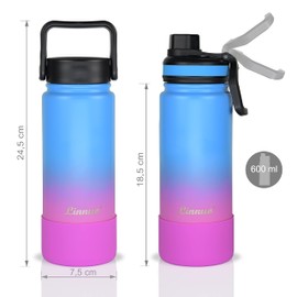 Linnuo Trinkflasche Edelstahl 600ml Auslaufsicher Thermoskanne BPA-Frei Wasserflasche für Sport Fitness Fahrrad Uni Outdoor, 2 Deckel, Silikonboden, Kohlensäure Thermosflasche für Mädchen (Blau-Pink)