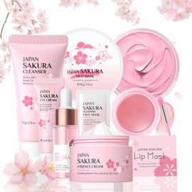 Sakura Skin Care Sets & Kits - Skin Care Gift Set for Teenage Girls - Facial Kits for Women Gifts - Face Care Sets Cleanser, Serum, Cream,Eye Cream,Lip Mask,Mud Mask,Sleeping Mask